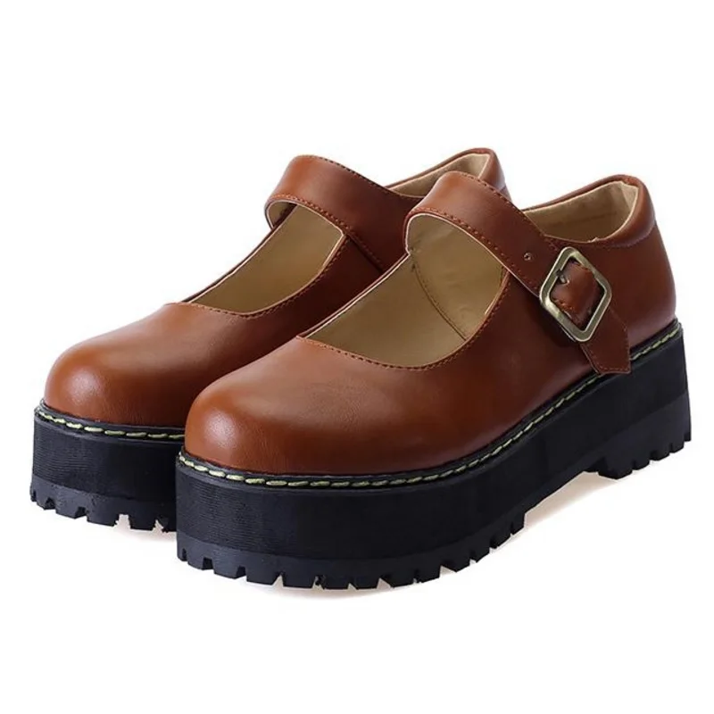 Moterys, Butai, batai, Didelis dydis 35-42 retro Kolegijos Vėjo apvali sagtis storio pluta blynai batai mažos lėlės batai Odiniai batai Saldus