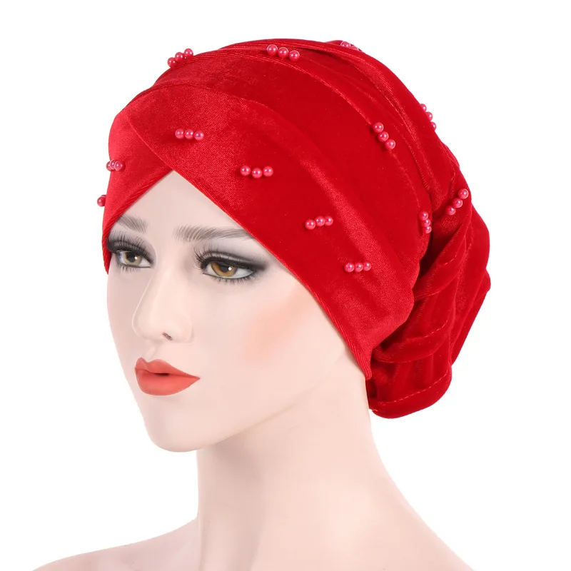 Musulmonų galvos skara moterų hijab kepurės Velveteen pearl turbaną skrybėlę Musulmonų turbaną lankstymo krūva skrybėlių Mados Megzti Skara Hijabs
