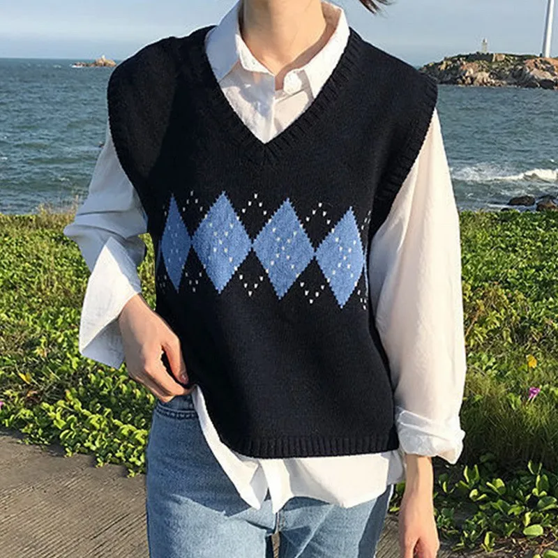 Muyogrt Moterų Megztinis Liemenė Rudenį 2020 Korėjos Stilius Derliaus Geometrinis Argyle V Kaklo, Rankovių Puloveriai, Megzti Megztiniai