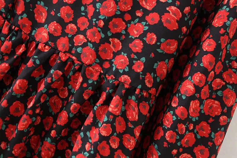 Naujas moterų derliaus klostes raudonos spalvos gėlių spausdinti mini suknelė moterų ilgomis rankovėmis atsitiktinis vestidos prašmatnus, saldus ruffles elegantiškos suknelės DS3045