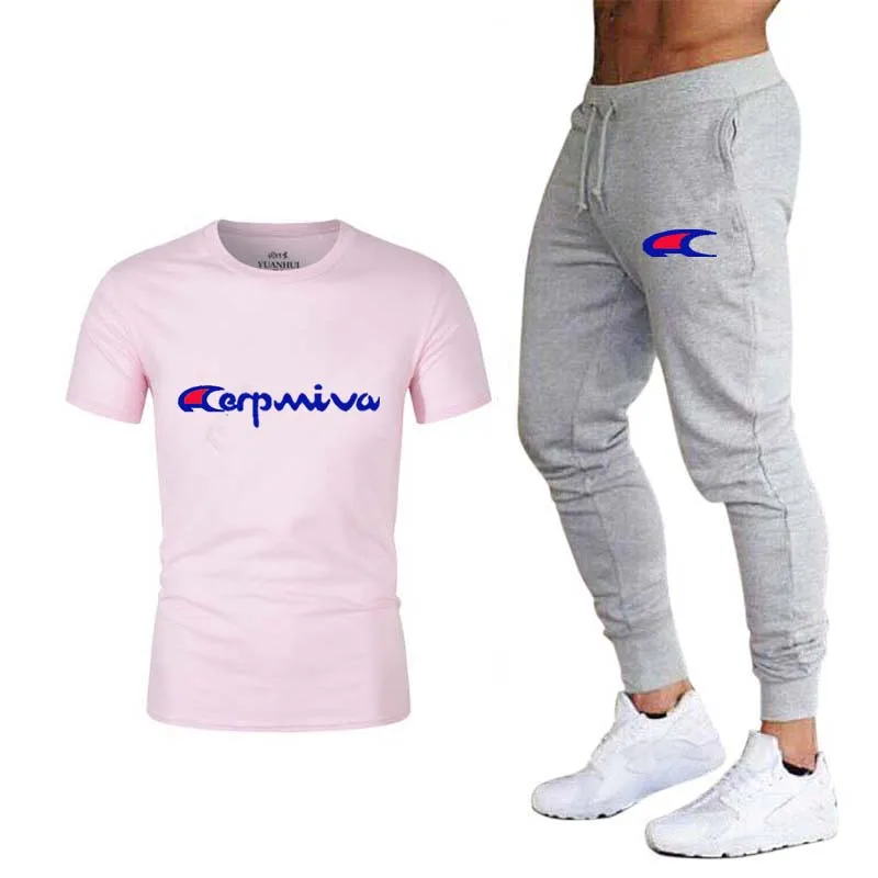 Nauji vyriški marškinėliai + kelnės-dviejų dalių kostiumėlį atsitiktinis sportinės aprangos prekės ženklo vyrų atspausdintas T-shirt tiktų marškinėliai kelnės