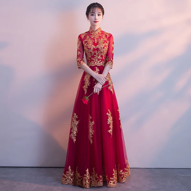Naujovė Kinijos Moterų Ilgai Qipao Santuokos Drabužių RAUDONA Rytų, Nuotaka, Vestuvinė Suknelė, Elegantiškas Plonas Mandarinų Apykaklės Cheongsam
