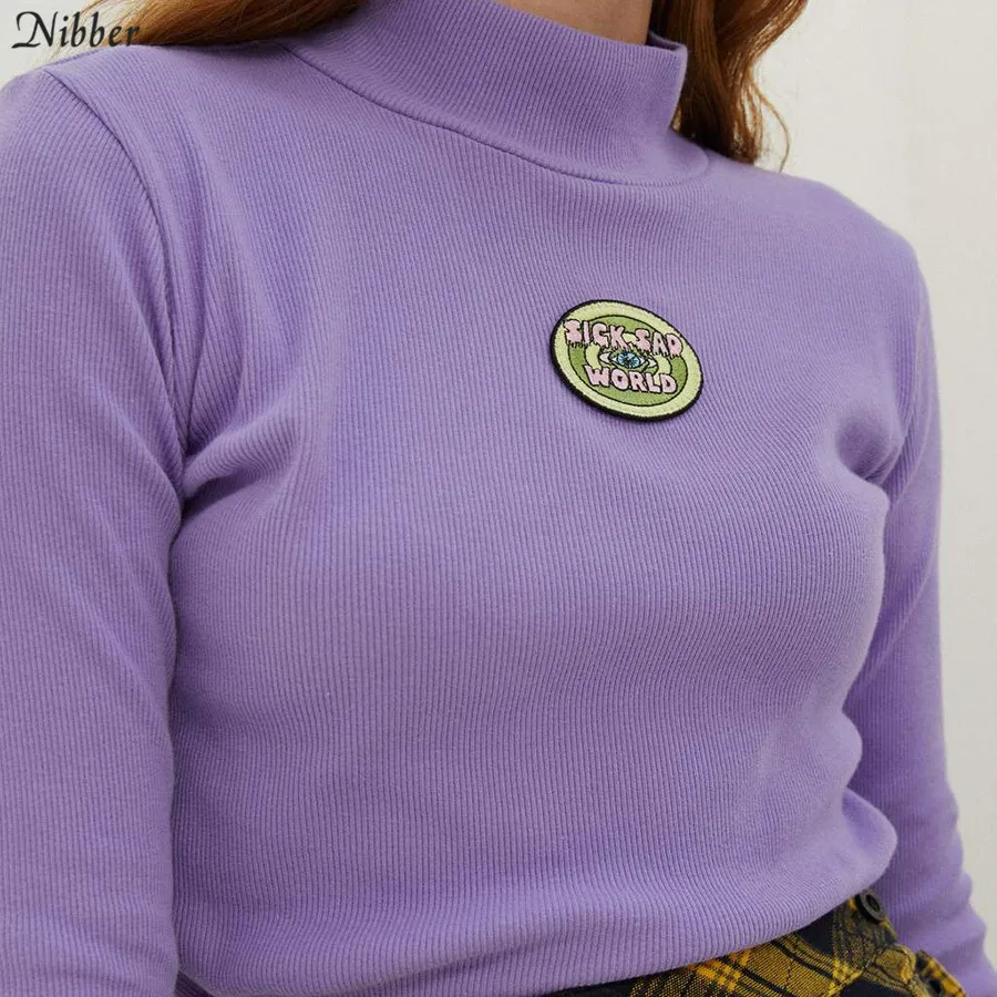 Nibber Moterų Briaunoti Megzti long-sleeve Top marškinėliai Rudenį, Žiemą, Elegantiška violetinė laukinių viršaus karšto pardavimo siuvinėjimo Golfo marškinėliai