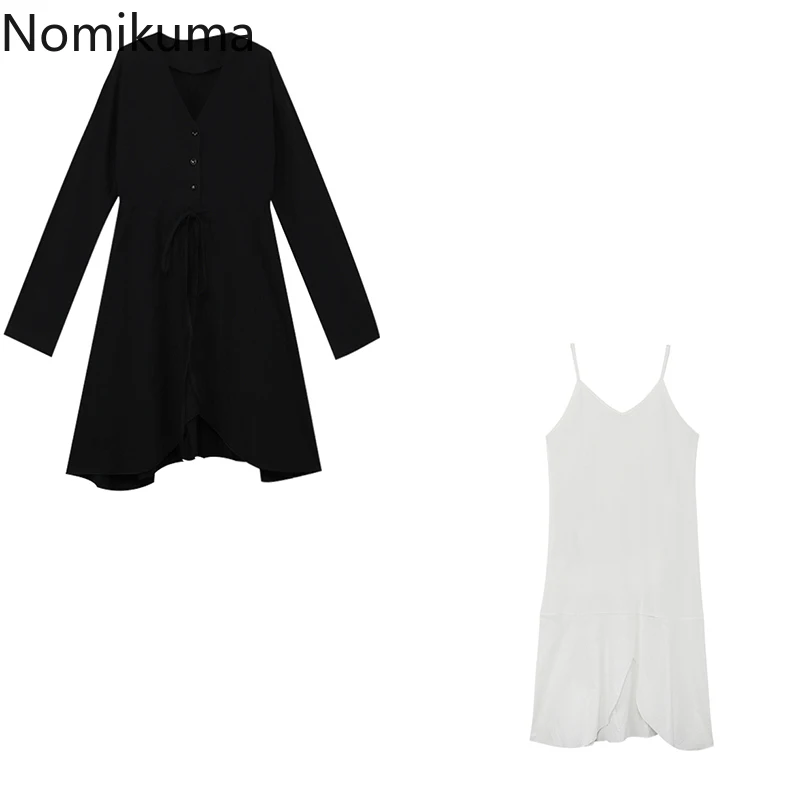 Nomikuma Palaidinė Komplektus Dviejų dalių Rinkinys Moterims V Kaklo Plonas Juosmens Juoda Suknelė Spageti Dirželis Baltos Suknelės 2 Vienetų Rinkinių 3c805