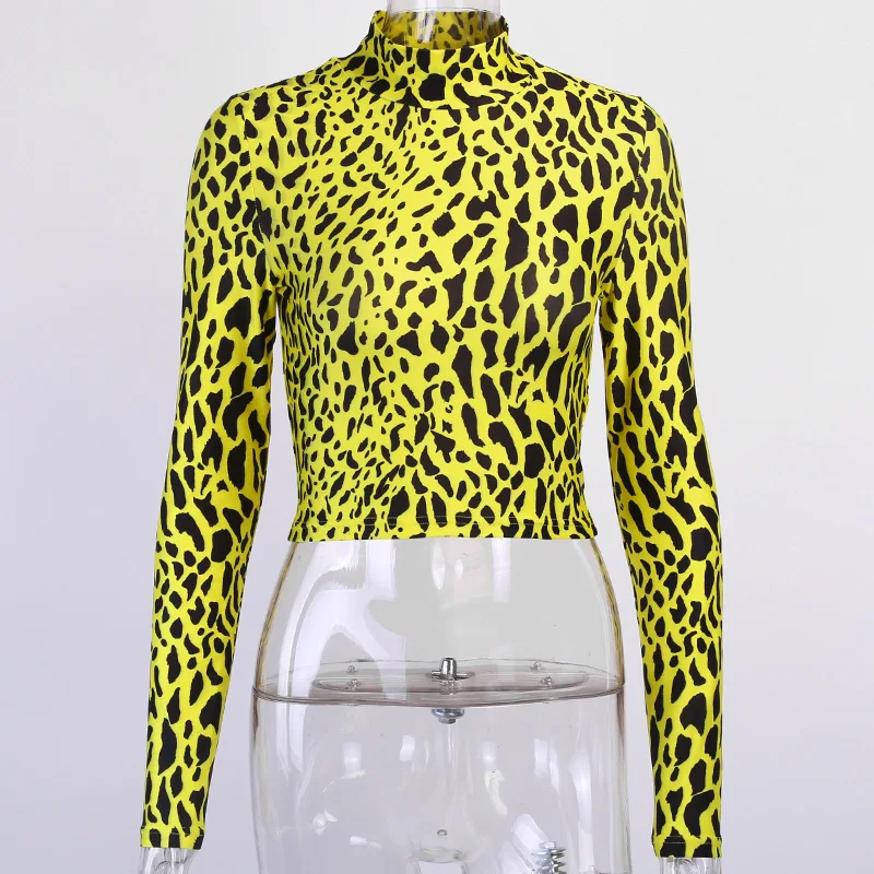 OMSJ Aukšto Kaklo Geltonas Leopard Pasėlių Akių Vien Top Moterų Liesas Stora ilgomis Rankovėmis Tampri Mados Streetwear Marškinėliai 2019 M. Rudenį