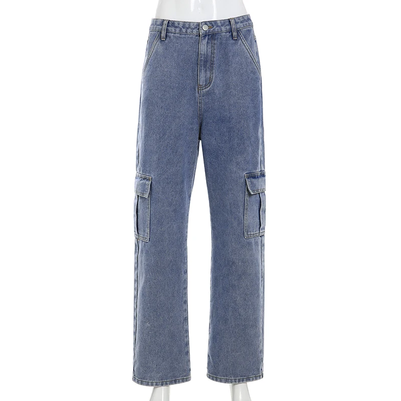 Paaukštintu liemeniu multi-pocket kratinys paaukštintu liemeniu džinsai ponios streetwear tiesūs džinsai Jean Femme mėlyna medvilnės chalatas