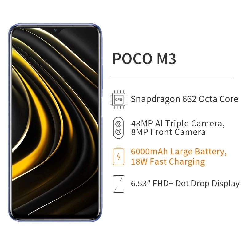 Pasaulinė Versija Xiaomi POCO M3, 4 GB RAM, 64 GB ROM Snapdragon 662 Octa Core 48MP Kamera, 6000mAh Mobiliojo Telefono 6.53
