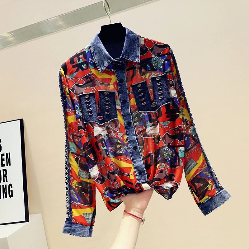Pavasarį, Rudenį Moterų Marškiniai Nauji Tuščiaviduriai Džinsinio audinio Siūti Spausdintus Palaidinė korėjos Stilius Laisvas ilgomis rankovėmis Šifono Moterų Viršūnių GX306