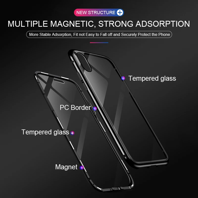 Prabangus dvipusis stiklo, Metalo Magnetinių Atveju iPhone XS MAX XR X 7 8 Plius Telefono dėklas Magnetas Padengti 360 Visas Apsauga, apvalkalas