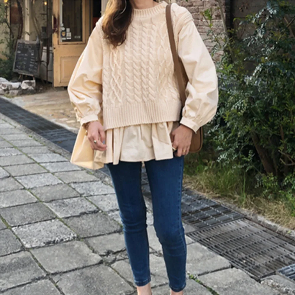 Pranešk Apie Netikrą Dviejų Dalių Rudenį Megztus Liemenė Marškinėliai Moterims Smėlio Korėjos Stiliaus Megztiniai 2020 Prarasti Atsitiktinis Megztinis Mados Viršūnes