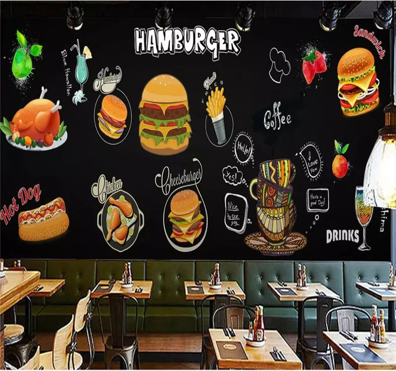 Profesinės užsakymą 3D tapetai, freskos HD ranka-dažytos Vakarų restoranų burger shop serija - aukštos kokybės atspari vandeniui medžiaga