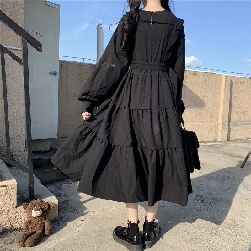 QWEEK Punk Dress Goth Moterų Gotikos Stiliaus Kawaii Suknelė Gothic Punk Mall Japonijos Harajuku Midi ilgomis Rankovėmis Juoda Suknelė Emo 2021