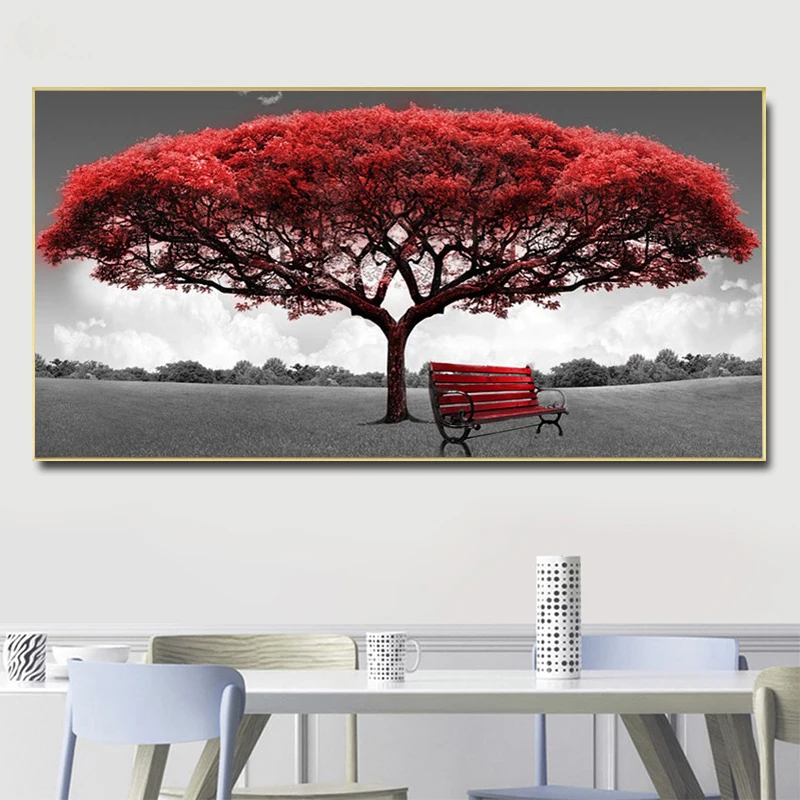 Raudona Medžių ir Kėdės Kraštovaizdžio Meno Naftos Tapyba ant Drobės, Plakatų ir grafikos Skandinavijos Sienos Meno Nuotrauką Kambarį Dekoro