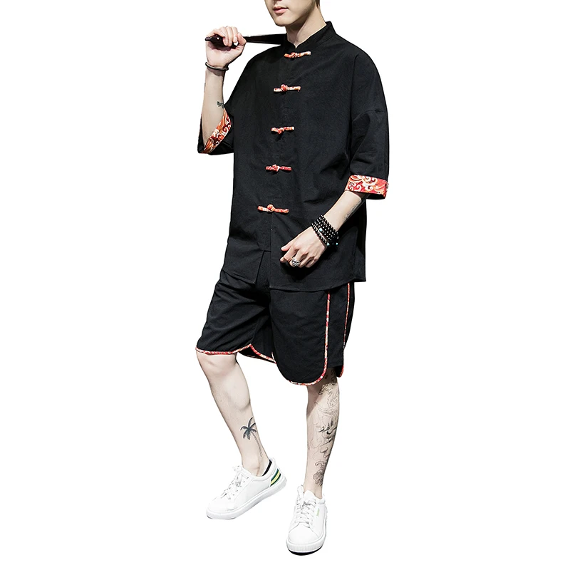 Retro stiliaus Kinijos vyrų drabužiai dviejų dalių komplektas vasaros grynos medvilnės jūros vanduo, uolos, spaudos plokštės sagtis penkerių rankovėmis marškinėliai