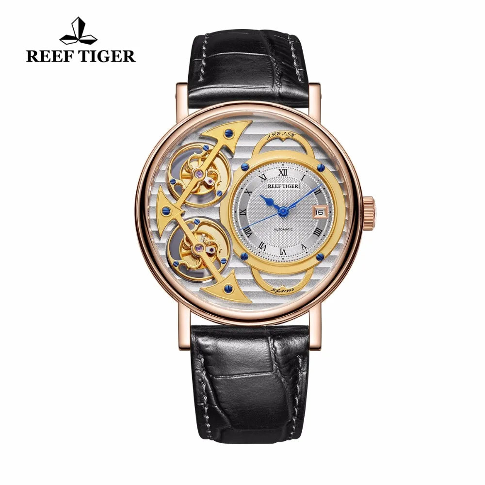 Rifas Tigras Mados Dizaineris Laikrodžiai Odos Juosta Prabanga Rose Gold Automatinis Laikrodžiai RGA1995 Ne juda Double Tourbillon