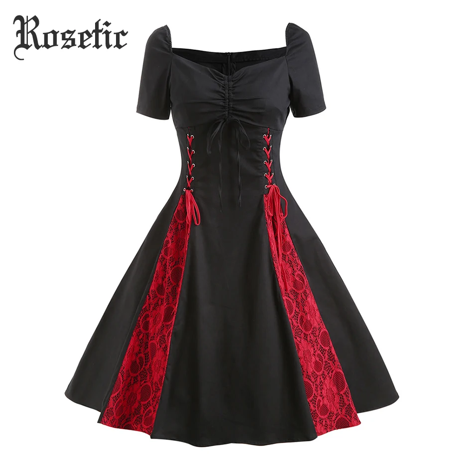 Rosetic Derliaus Gotikos Nėrinių Suknelė Moterų Suknelės, Medvilnės Užtrauktukas Plisuotos Nėriniai Moterų Elegantiškas Plius Dydis Šalis Tvarstis Suknelės