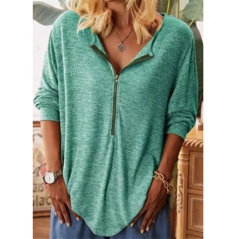 Rudenį Naujus moteriškus marškinėlius Mados Streetwear Atsitiktinis ilgomis Rankovėmis V-Kaklo su Užtrauktuku Viršūnes Laisvi Marškinėliai Moterims marškinėliai Didelio Dydžio Colthing
