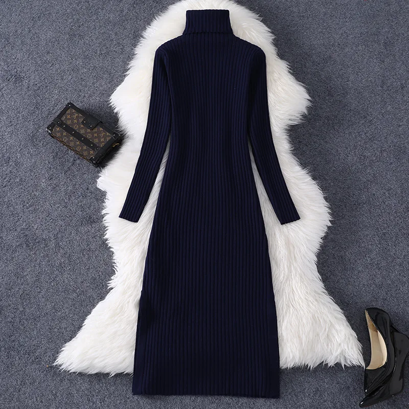 Rudenį, Žiemą Moterų Temperamentas Midi Suknelė Aukšto Juosmens Kietosios spalvos ilgomis rankovėmis Fashion One-piece Suknelė