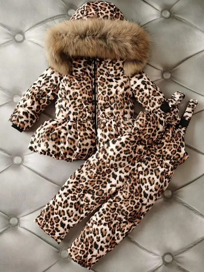Rusija Žiemos Gobtuvu Žemyn Kailio Vaikų Sniego Dėvėti Šiltas Leopard Viršutiniai drabužiai Nekilnojamojo Kailių Apykaklės Parko Vaikai Žemyn švarkai mergaitėms Y3293