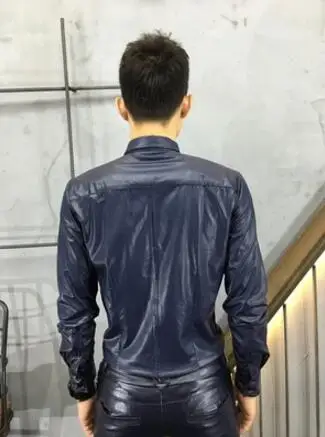 S-5XL 2019 m. Pavasarį Vyrų naujas imitacija, avikailio ilgomis rankovėmis marškinėliai slim mados vandeniu nuplautos odos marškinėliai kirpėjas kostiumai