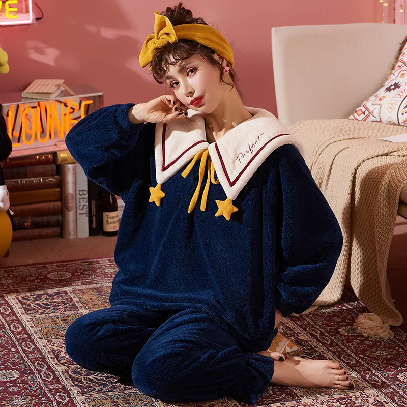 SOUGEN Moterų Sleepwear Žiemą Storas Šiltas Flanelė Mielas Pižama Rinkiniai, ilgomis Rankovėmis Drabužius, Namų Dėvėti Minkštas Pižamos Rinkinys moterims