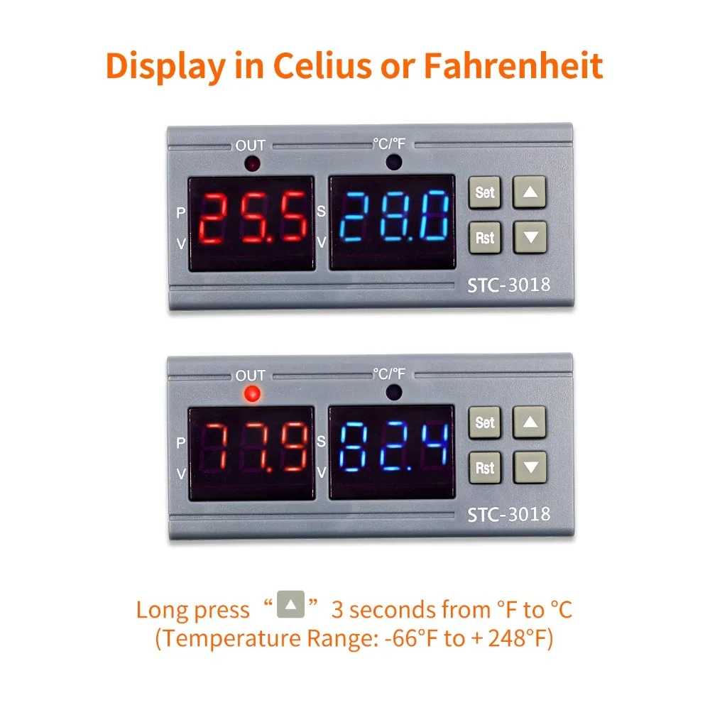 STC-3018 12V 24V 220V Skaitmeninis Temperatūros Reguliatorius C/F Termostato Relė 10A Šildymo/Šaldymo Thermoregulator Dviguba LED Ekranas