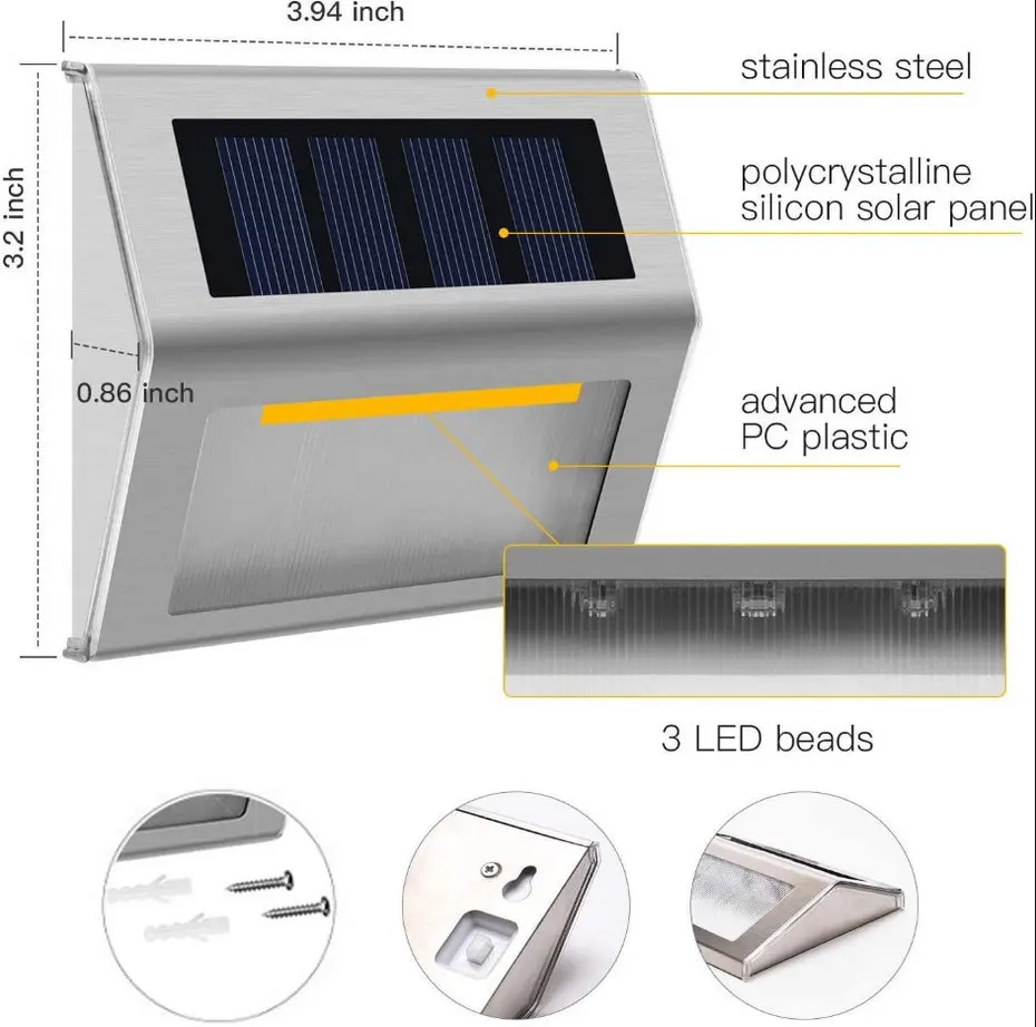 Saulės Žingsnis Žibintai su didesne Baterijos Talpa Šviesus 3 LED Saulės energija Varomas Denio Žibintai oro sąlygoms Lauko Apšvietimas Veiksmus St