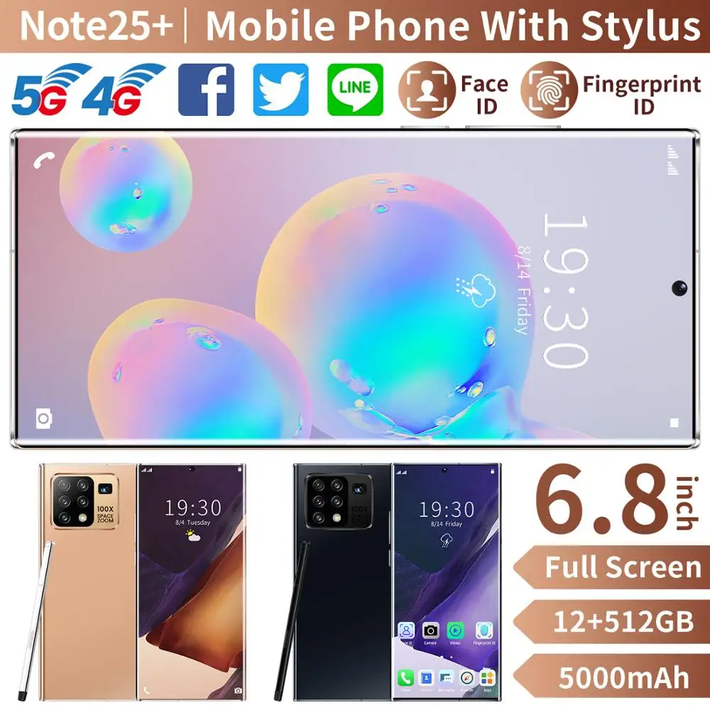 Smartphonach Samsum Note25+ Atrakinta Pasaulio Versija 6.8 colių Dual SIM Deka Cor512G 32MP 5G mobiliųjų Telefonų Sandėlyje