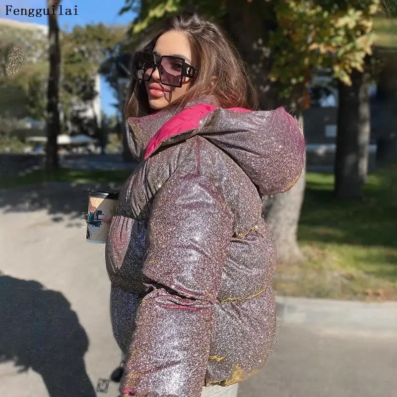 Storas Blizgučiai Blizgančiais Mados Moterų Parko Žiemos 2020 Elegantiškas, Šiltas Puffer Jacket Ourwear Žėrintis Dygsniuotas Paltai Moteris