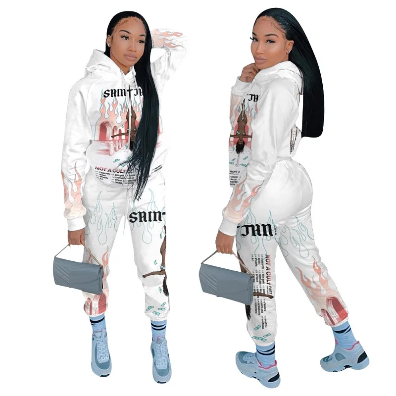 Streetwear 2 gabalas apranga moterims spausdinti hoodie+sweatpants prakaito tinka moterims atitikimo rinkiniai Balti kostiumai moteris rinkinys