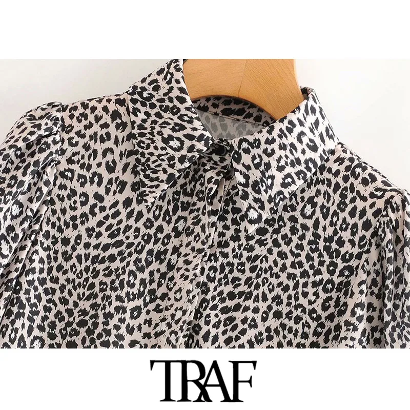 TRAF Moterų Mados Leopardas Spausdinti Nereguliarus Palaidinės Derliaus ilgomis Rankovėmis Gyvūnų Modelio Moterų Marškiniai Blusas Prašmatnus Viršūnės