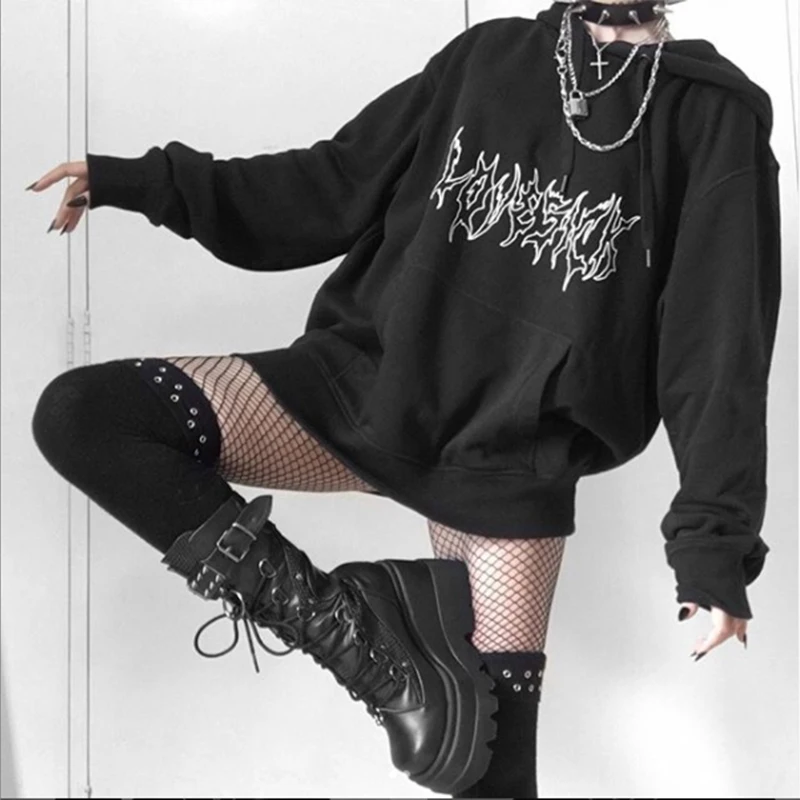 TRODEAM Moterų Prarasti Streetwear Black e-girl palaidinukė Goth punk Spausdinti Megztinis mados korėjos Moletom Long Hoodie Moterims Topai