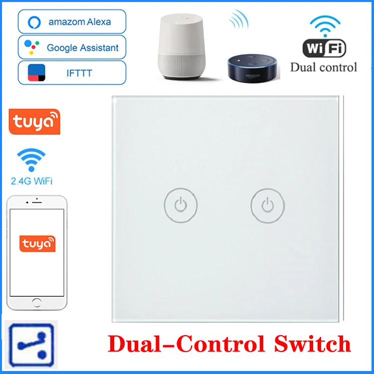 Tuya Dual-control, smart switch smart touch jungikliai, kurie gali vienas kitą kontroliuoti patį šviesos jungikliai palaiko Alexa 