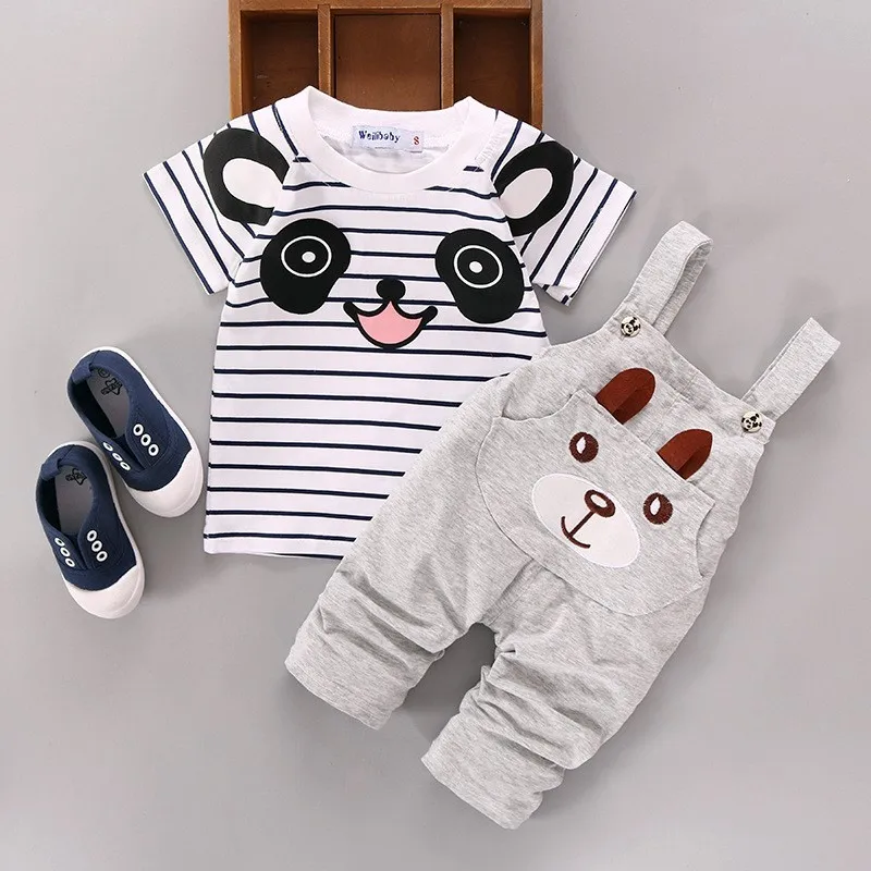 Vasaros Bamblys Berniukų Drabužiai Nustatyti Animacinių filmų Panda Baby Trumpas Rankovėmis Marškinėliai Kelnės, kombinezonai su Antkrūtiniais 2vnt Apranga Vaikams Jumpsuit Kostiumas 1-4Y