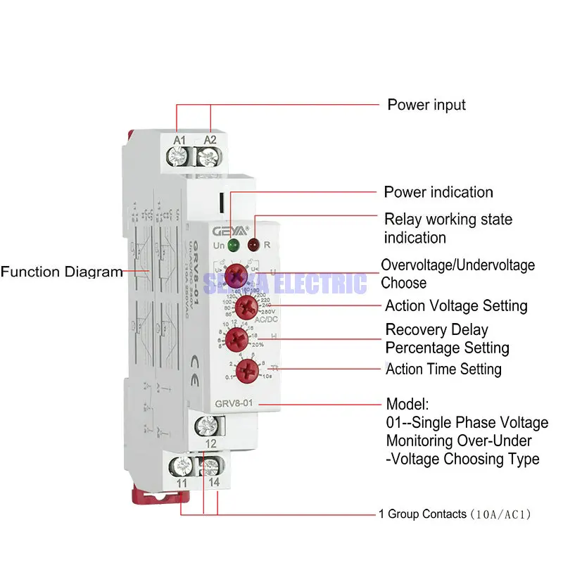 Vienfazis Reguliuojamas Viršįtampių Undervoltage Protection Relės Veikimo Įtampos LED Stebėsenos Relay GRV8-01