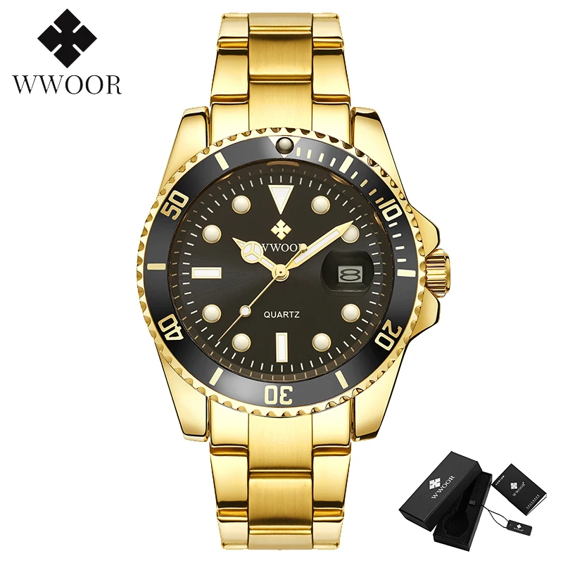 WWOOR Vyrų Laikrodžiai 2020 Prabanga Analoginis Kvarciniai Laikrodžių Vyrams Gold Black Sportas Nardymo Žiūrėti Vandeniui Nerūdijančio Plieno Automatinis Datos Žiūrėti
