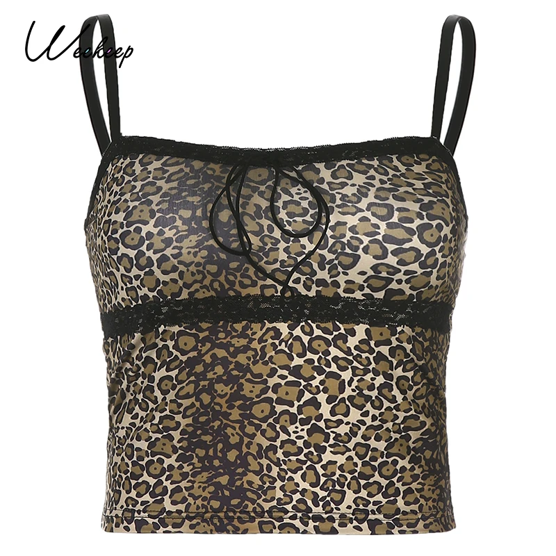 Weekeep Leopardas Spausdinti Stebėjimo Moterų Pasėlių Viršuje Vasaros Raišteliu Backless Spageti Dirželis Seksualus 90s Streetwear y2k Moteris Camisole