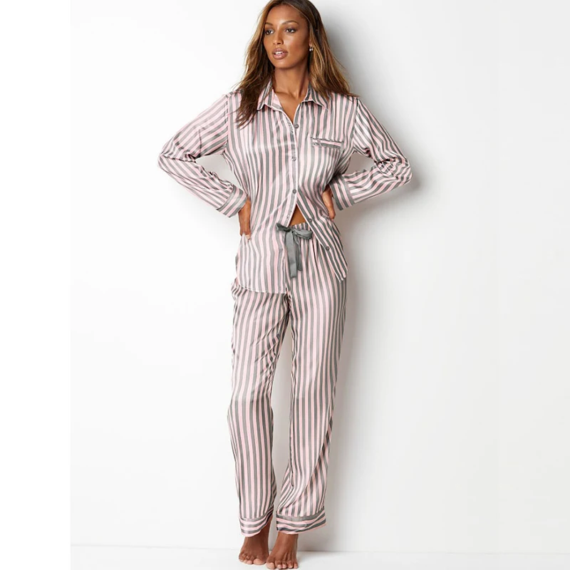 Šilko Pižama Moterų Dryžuotas Ilgomis Rankovėmis Sleepwear Rinkinys Satin Loungewear Du Piees Vasaros Naktį Tiktų Namų Drabužiai