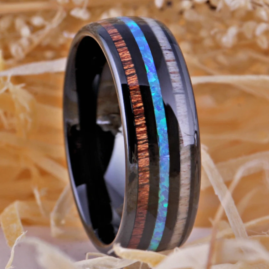 Žiedas-Vestuvių Juostoje Sužadėtuvių Žiedas, skirtas Moterų ir Vyrų Žiedas Juodas Volframo Su Medienos-Fire Opal -Tika Metis Šalies Žiedo