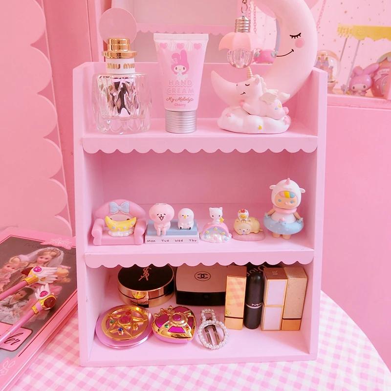 1pc naujas rožinės spalvos medinis 3 aukštų Lentynos merginos kosmetikos ekranas lėlės namas aksesuarų mergaitėms dovanų