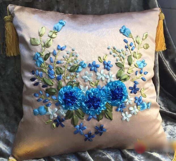 1pcs 40x40cm mėlyna raudona gėlė, Juostelės siuvinėjimo rinkinys pagalvėlės, pagalvės dangtelis nustatyti amatų 