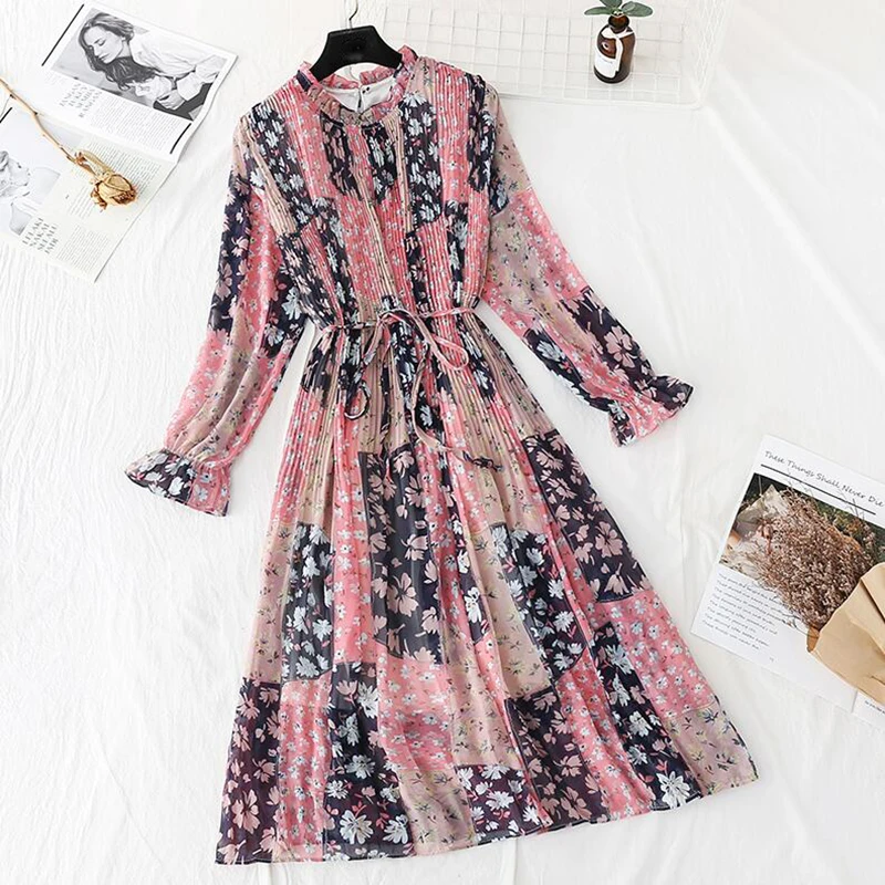 2020 M. Pavasario Vasaros Suknelė Moterims Spausdinti Plisuotos Šifono Suknelė Moterų Blyksnius Rankovės Atsitiktinis Biuro Suknelė Prarasti Plius Dydis Suknelės