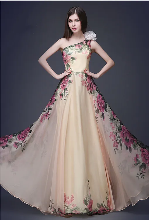 2020 Mados Elegantiška Vintage Suknelė Grindų ilgis Vieną petį Gėlių Atspausdintas Šifono Suknelė Ilgai Plisuotos Suknelės Nemokamas Pristatymas
