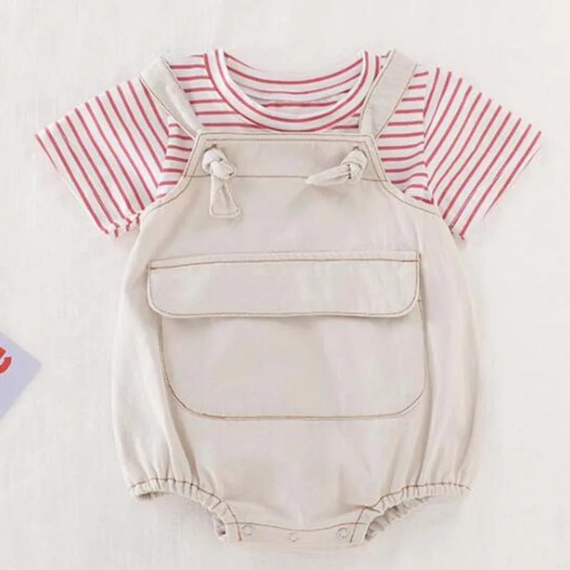 2020 Naujų korėjos Japonija Stiliaus Bamblys Kūdikių Berniukų, Mergaičių Drabužiai Tiktų Dryžuotas marškinėliai+Kaubojus Jumpsuit Kūdikių Mergaičių Drabužių Rinkiniai