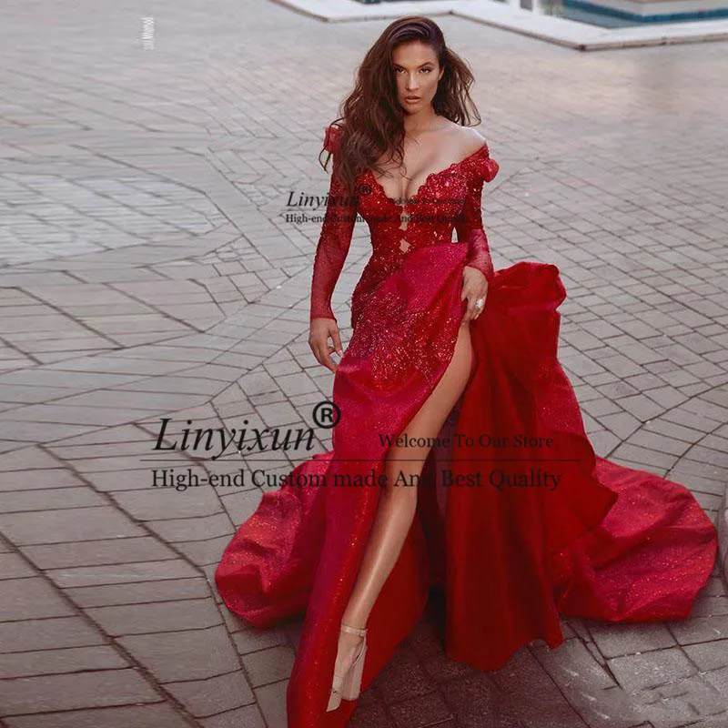 2020 Raudona Undinėlės Prom Dresses Aukšto Pusėje Padalinta Ilgai Vakare Suknelės Atvira Nugara Appliqued Nėrinių Ilgomis Rankovėmis Oficialią Šalies Elegantiška Suknelė