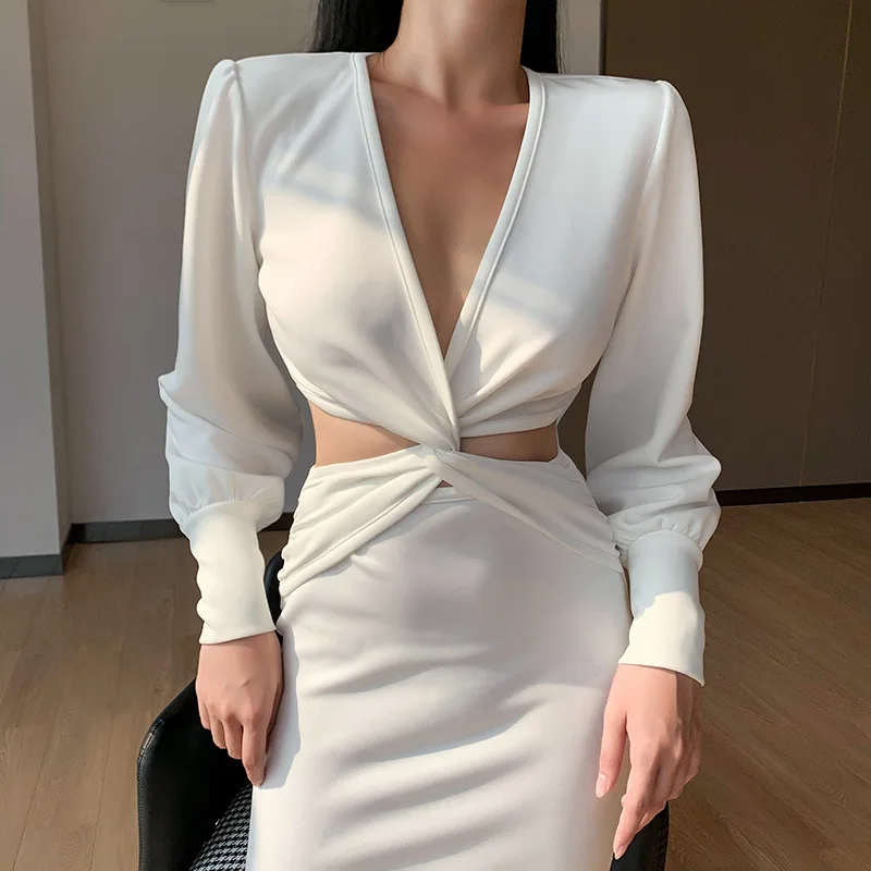 2020 m. Rudenį Naujų ilgomis Rankovėmis, Plonas Sijonas Sexy X-Type V-kaklo Sluoksniuotos Rankovėmis Kostiumas, Sijonas, vestidos balta suknelė harajuku suknelė