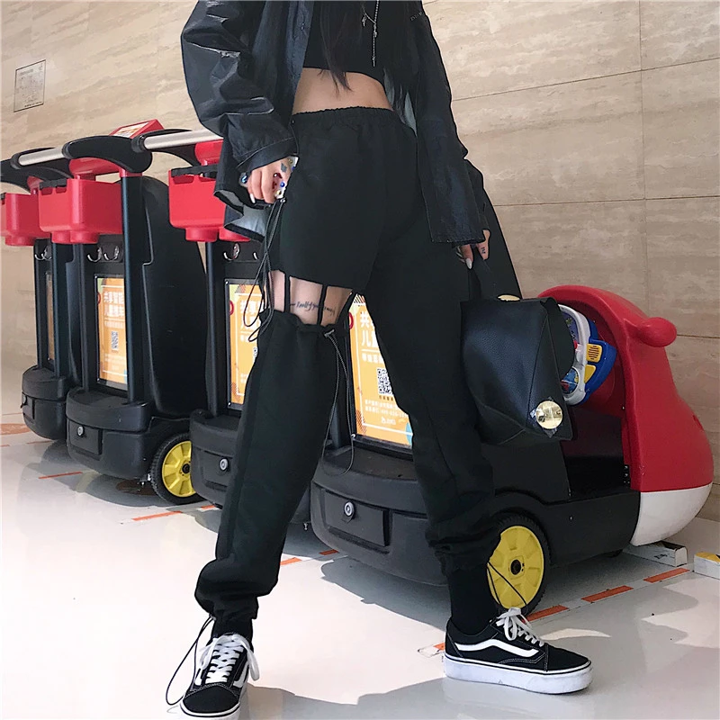 2020 m. pavasarį Tuščiaviduriai Iš Tiesios Pieštuku Kelnes Aukšto Juosmens Elastinga Raišteliu Streetwear Juodos Kelnės Hip-Hop moteriškos Kelnės KZ08