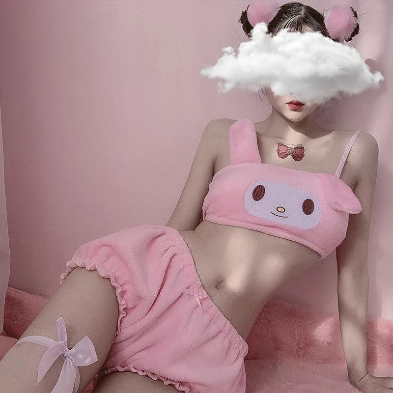 2020 m. Žiemos Womens Pižama Anime Cosplay Kostiumų Mielas Kawaii Merginos Liemenėlė ir Juosmenėlės Nustatyti Rausva Balta Velvet Seksualus Sleepwear Pižamą