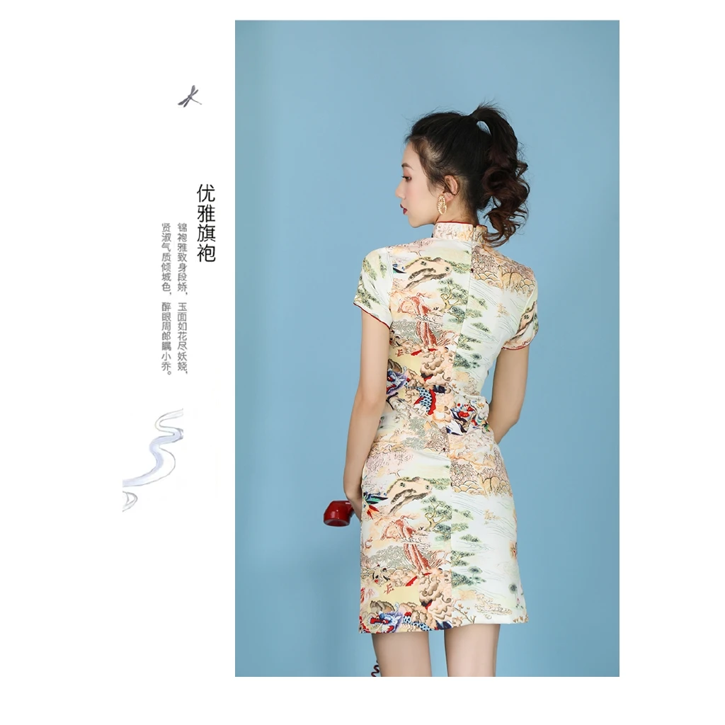 2020 metų vasaros naujasis Kinijos tradicinės pagerėjo cheongsam jauna mergina išspausdinti mini suknelė vintage satino vestidos slim moteriški drabužiai
