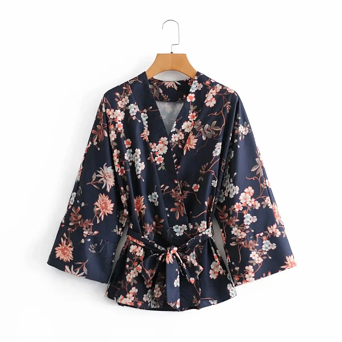 2021 Naujų Moterims Gėlių Spausdinti Palaidinė ilgomis Rankovėmis kimono Crossover V-iškirpte Mados Chic Moteris Palaidinė Marškinėliai Femme Mujer blusas